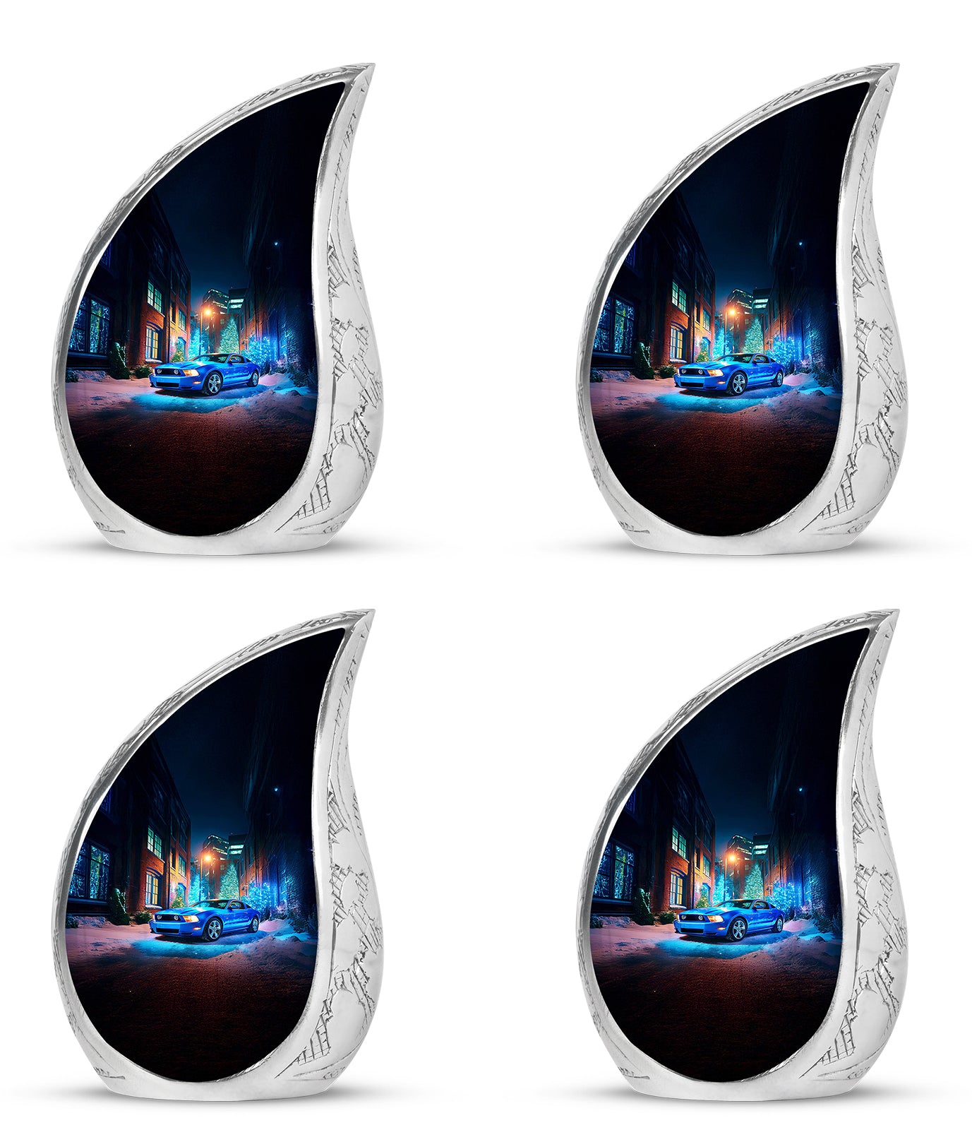 Navy Blue Car Cremation Urn close-up of engraving and surface detail - rounded teardrop car design with delicate detail - 10 inch aluminum urn for cremated remains