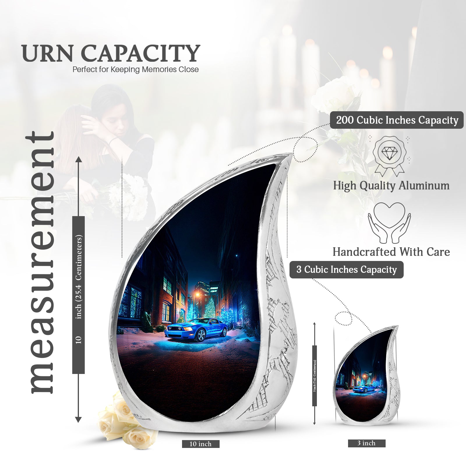 Slate Blue Car Cremation Urn angled view of lid and engraved motif - flowing teardrop car silhouette on curved aluminum - mini keepsake memorial for portion of cremation ashes