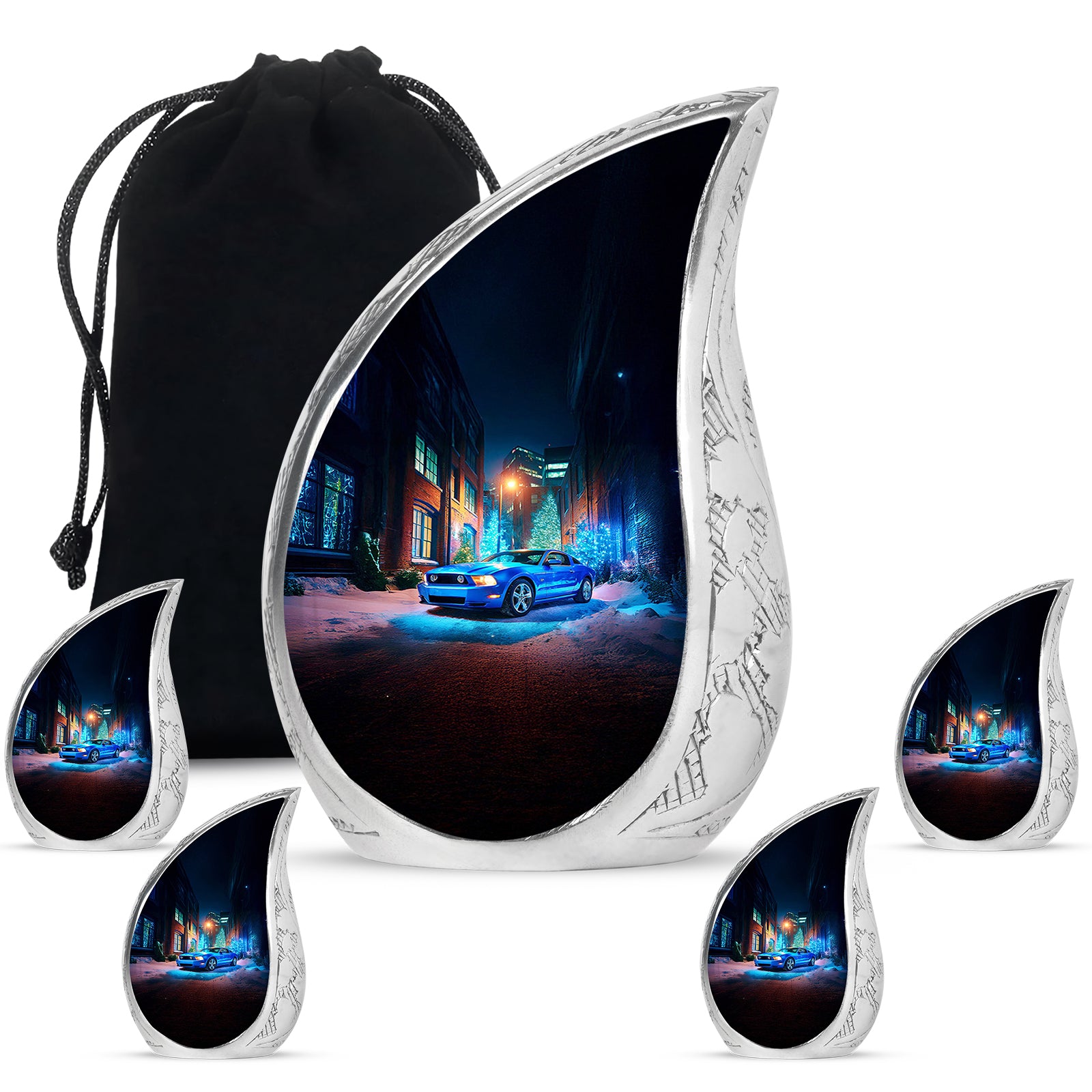 Sapphire Blue Car Cremation Urn side profile showing urn shape - graceful tear-shaped urn with car motif - memorial set with one large and four small urns