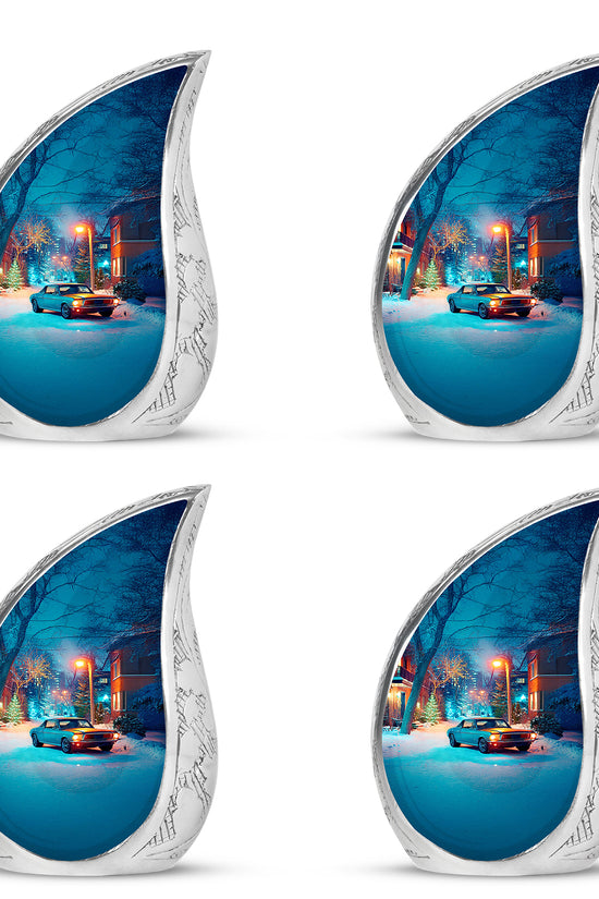 Charcoal Gray Car Cremation Urn close-up of engraving and surface detail - flowing teardrop car silhouette on curved aluminum - 10 inch aluminum urn for cremated remains