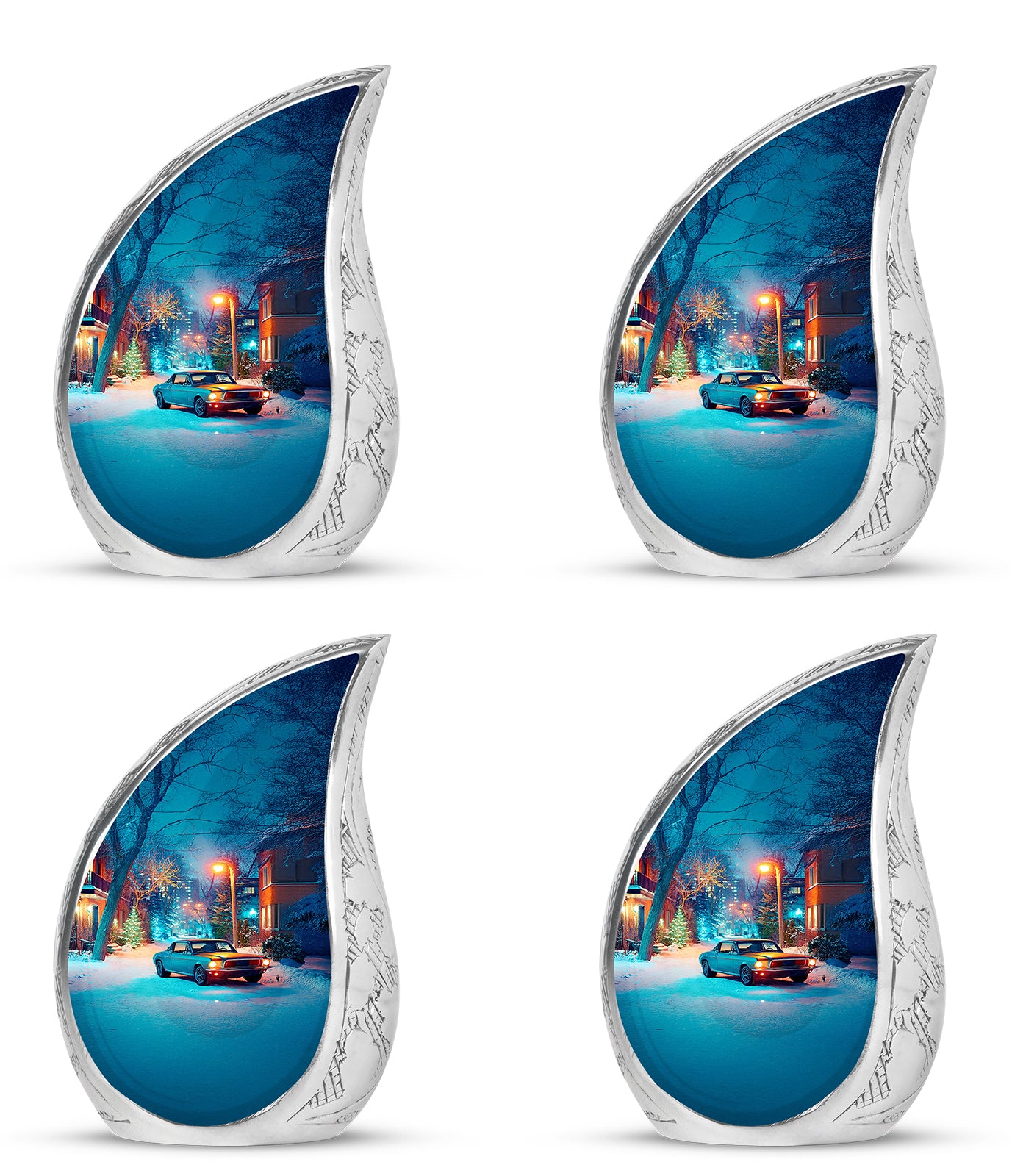Charcoal Gray Car Cremation Urn close-up of engraving and surface detail - flowing teardrop car silhouette on curved aluminum - 10 inch aluminum urn for cremated remains