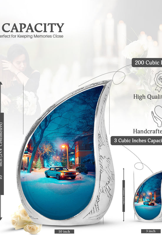 Smoke Gray Car Cremation Urn angled view of lid and engraved motif - graceful tear-shaped urn with car motif - mini keepsake memorial for portion of cremation ashes