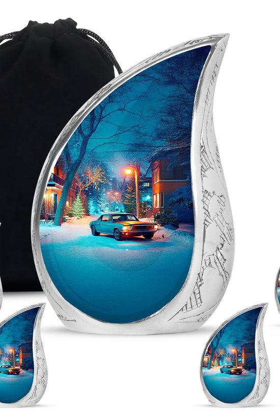 Storm Gray Car Cremation Urn side profile showing urn shape - smooth teardrop contour featuring car art - memorial set with one large and four small urns