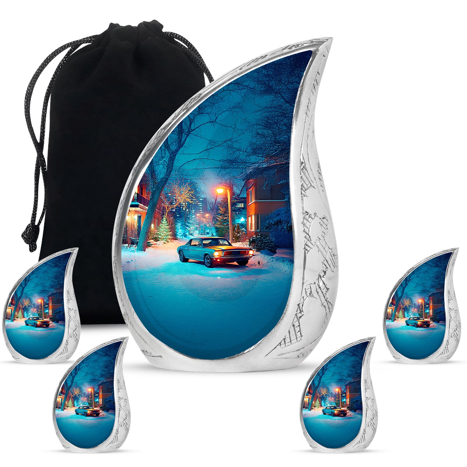 Storm Gray Car Cremation Urn side profile showing urn shape - smooth teardrop contour featuring car art - memorial set with one large and four small urns