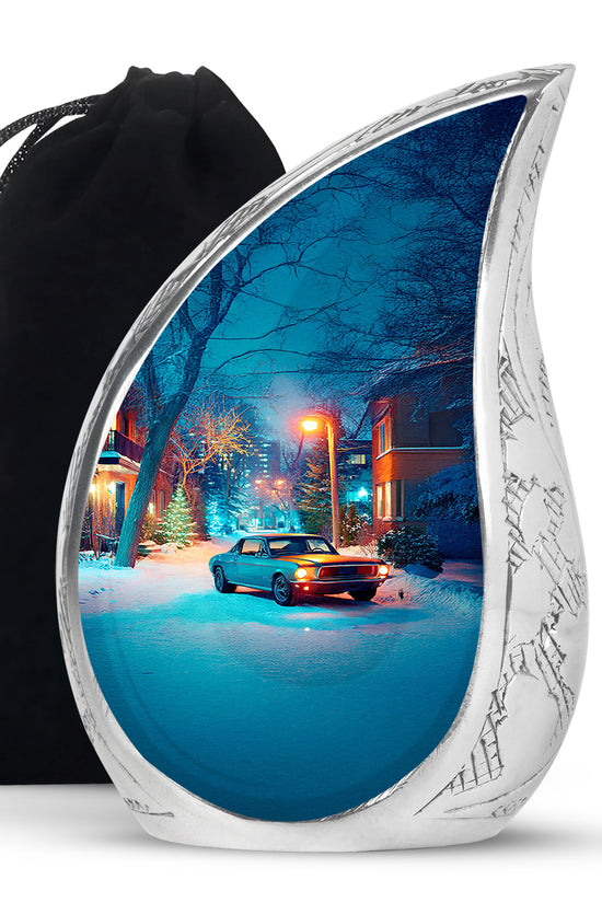 Smoke Gray Car Cremation Urn front view showing detailed design - smooth teardrop contour featuring car art - full-size 10 inch 200 cubic inch adult cremation urn