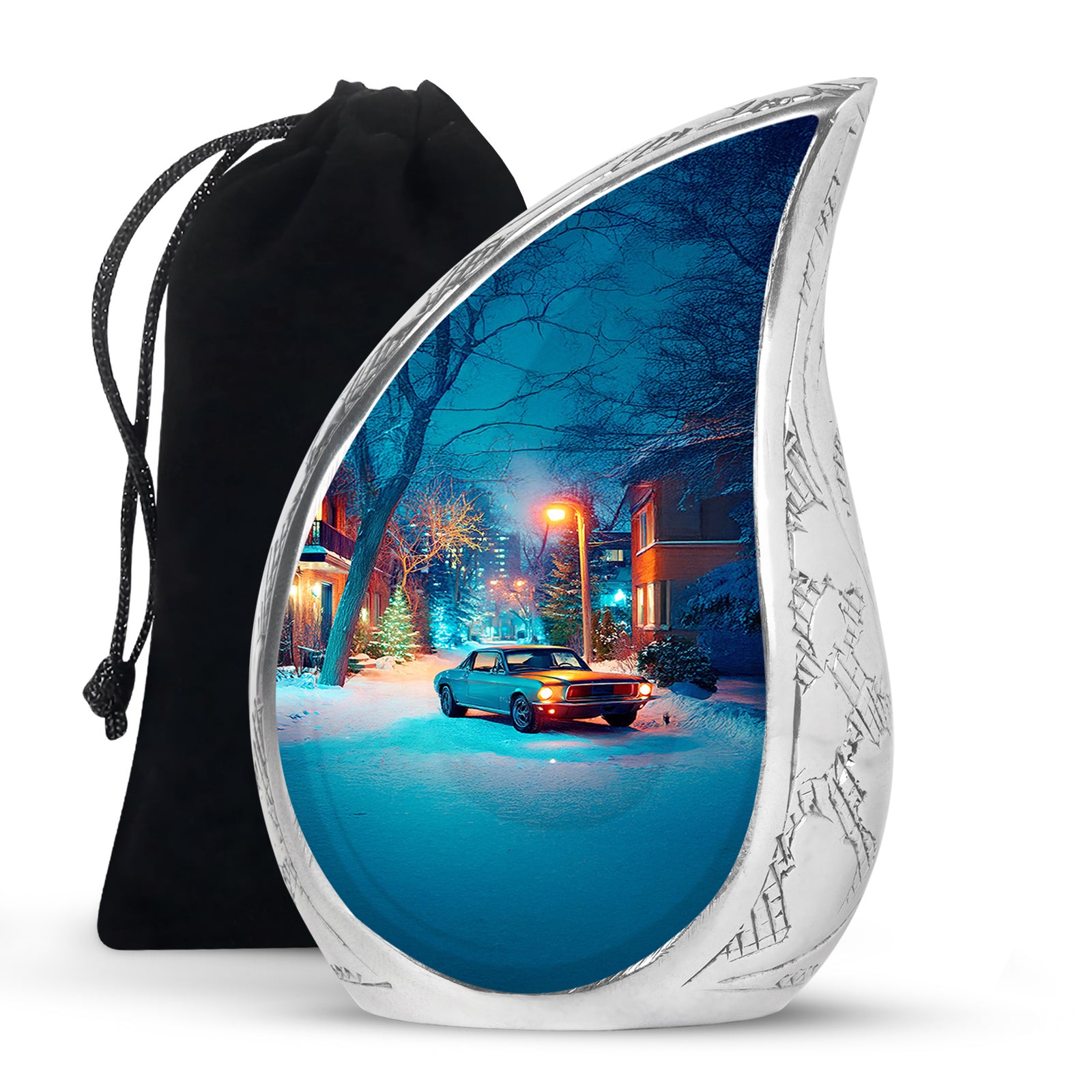 Smoke Gray Car Cremation Urn front view showing detailed design - smooth teardrop contour featuring car art - full-size 10 inch 200 cubic inch adult cremation urn