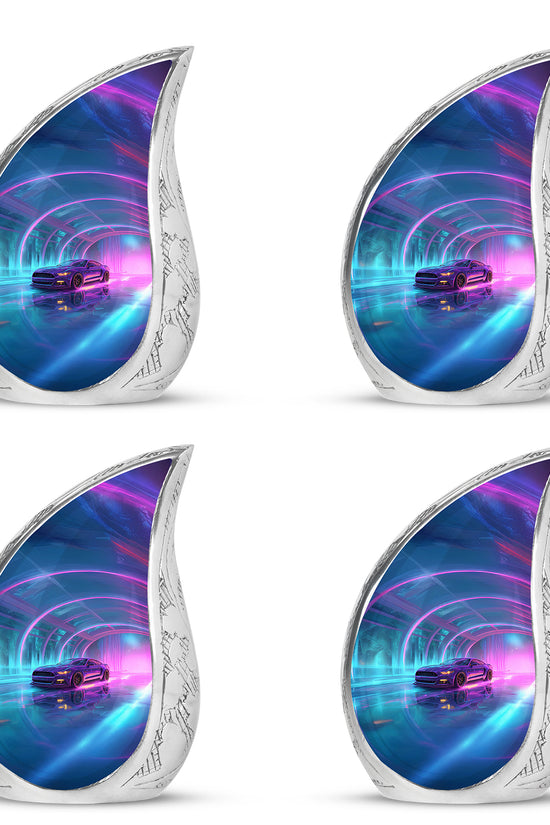 Cobalt Blue Car Cremation Urn close-up of engraving and surface detail - smooth teardrop contour featuring car art - 10 inch aluminum urn for cremated remains