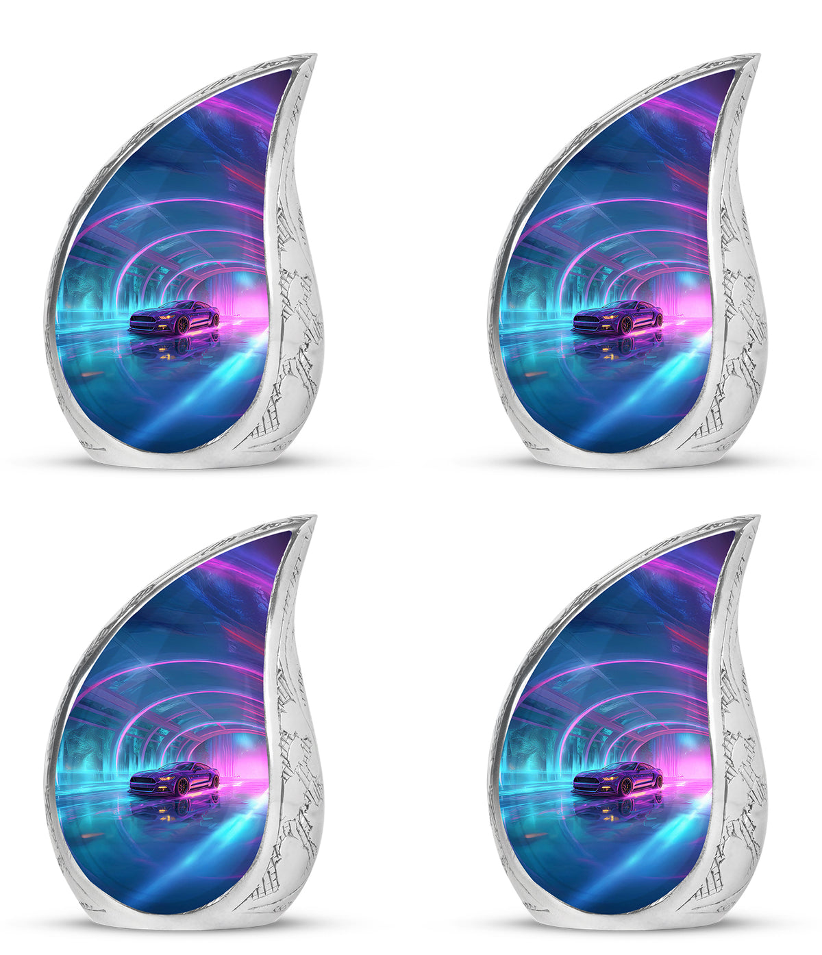 Cobalt Blue Car Cremation Urn close-up of engraving and surface detail - smooth teardrop contour featuring car art - 10 inch aluminum urn for cremated remains