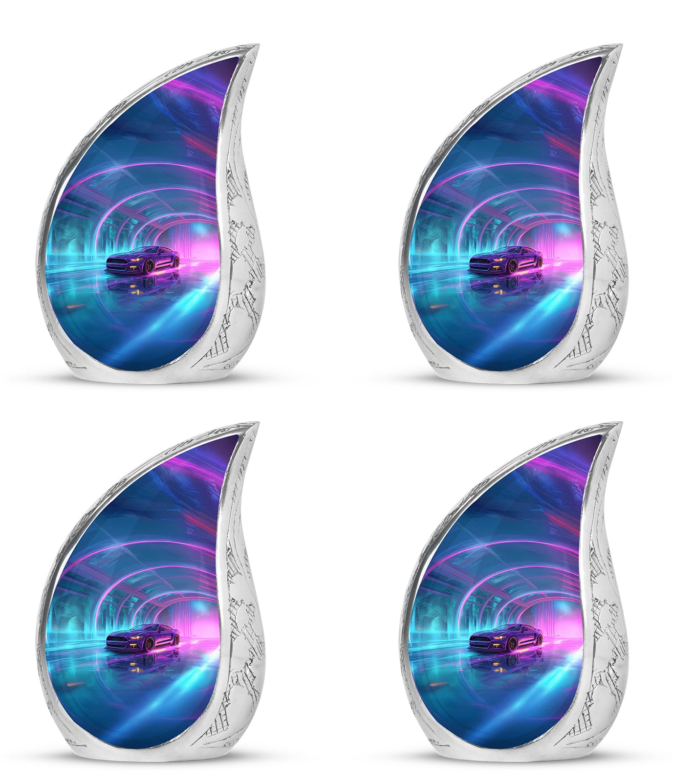 Cobalt Blue Car Cremation Urn close-up of engraving and surface detail - smooth teardrop contour featuring car art - 10 inch aluminum urn for cremated remains