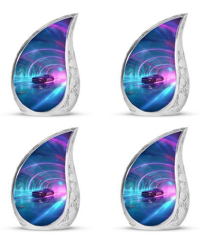 Cobalt Blue Car Cremation Urn close-up of engraving and surface detail - smooth teardrop contour featuring car art - 10 inch aluminum urn for cremated remains