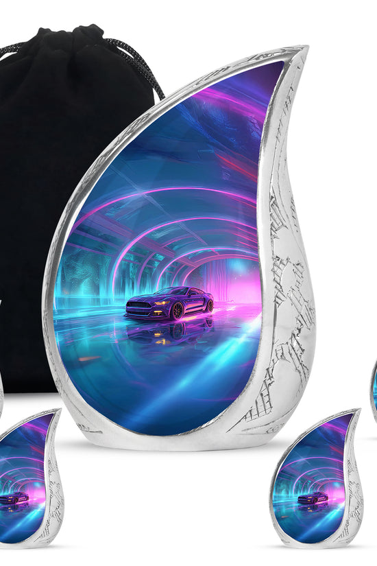 Pastel Blue Car Cremation Urn side profile showing urn shape - flowing teardrop car silhouette on curved aluminum - memorial set with one large and four small urns