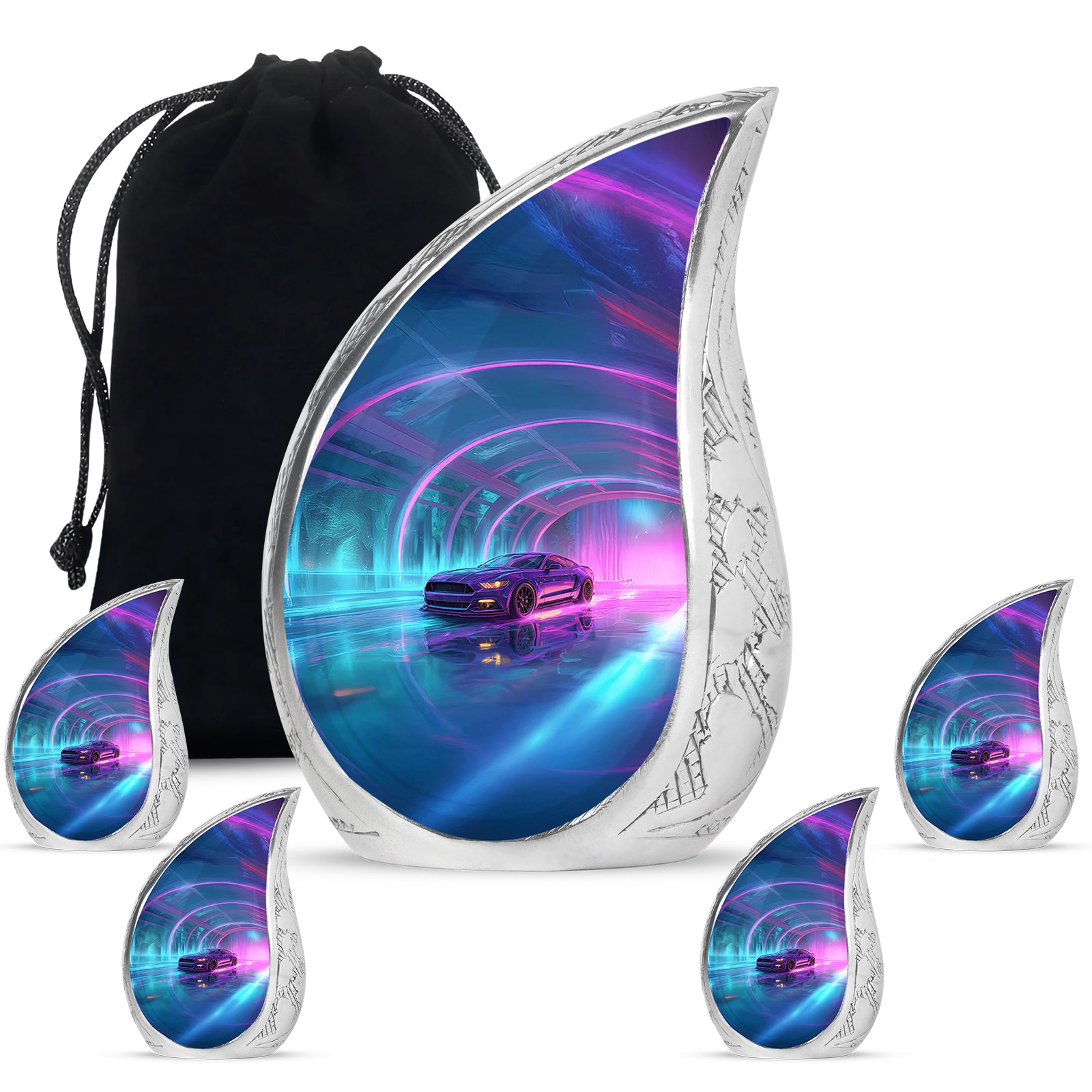 Pastel Blue Car Cremation Urn side profile showing urn shape - flowing teardrop car silhouette on curved aluminum - memorial set with one large and four small urns