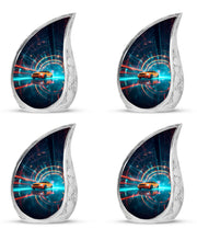 Sapphire Blue Car Cremation Urn close-up of engraving and surface detail - smooth teardrop contour featuring car art - 10 inch aluminum urn for cremated remains