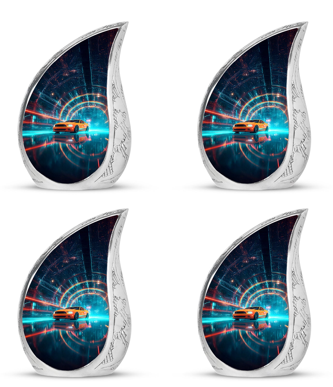 Sapphire Blue Car Cremation Urn close-up of engraving and surface detail - smooth teardrop contour featuring car art - 10 inch aluminum urn for cremated remains