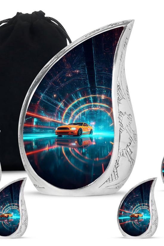 Bright Blue Car Cremation Urn side profile showing urn shape - smooth teardrop contour featuring car art - memorial set with one large and four small urns