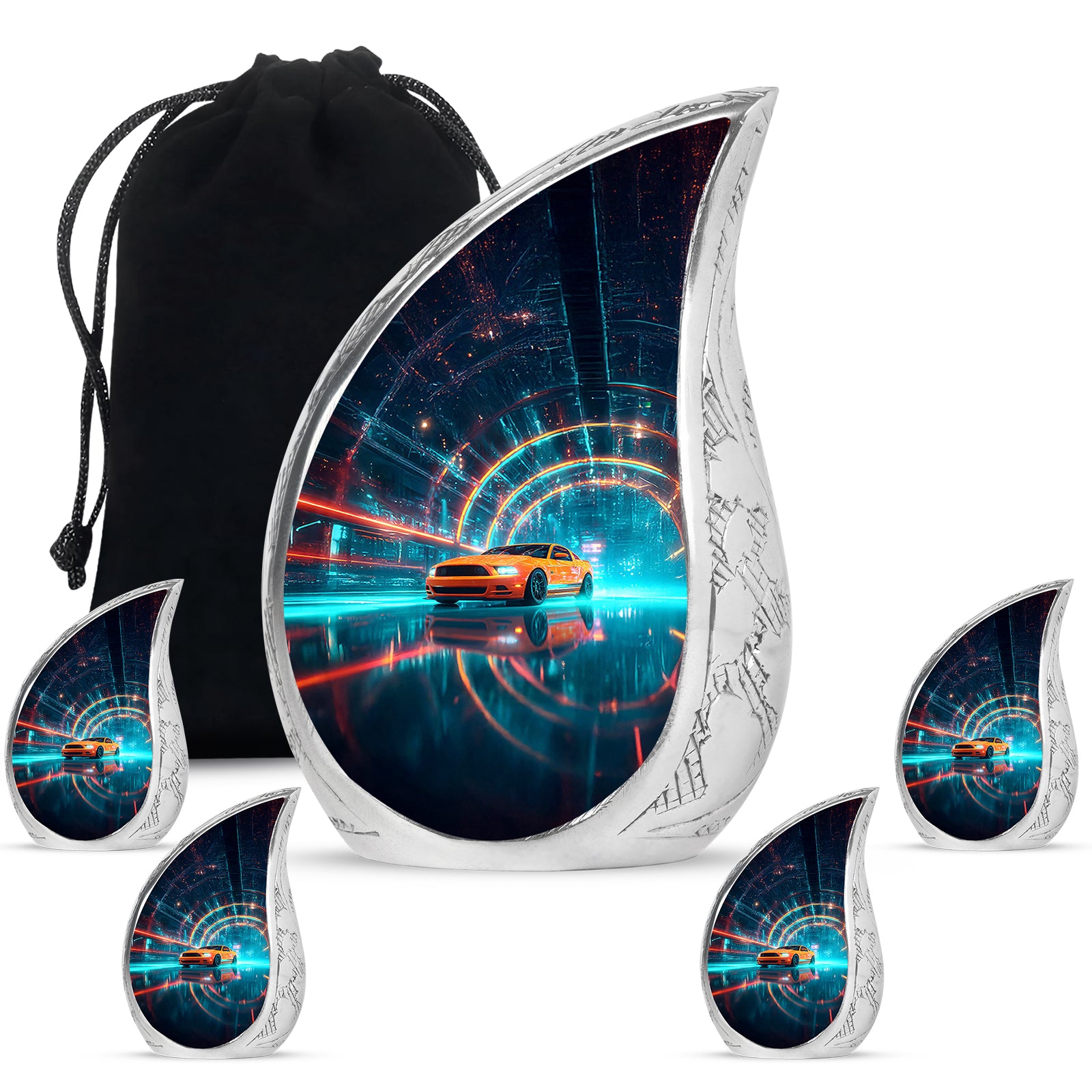 Bright Blue Car Cremation Urn side profile showing urn shape - smooth teardrop contour featuring car art - memorial set with one large and four small urns