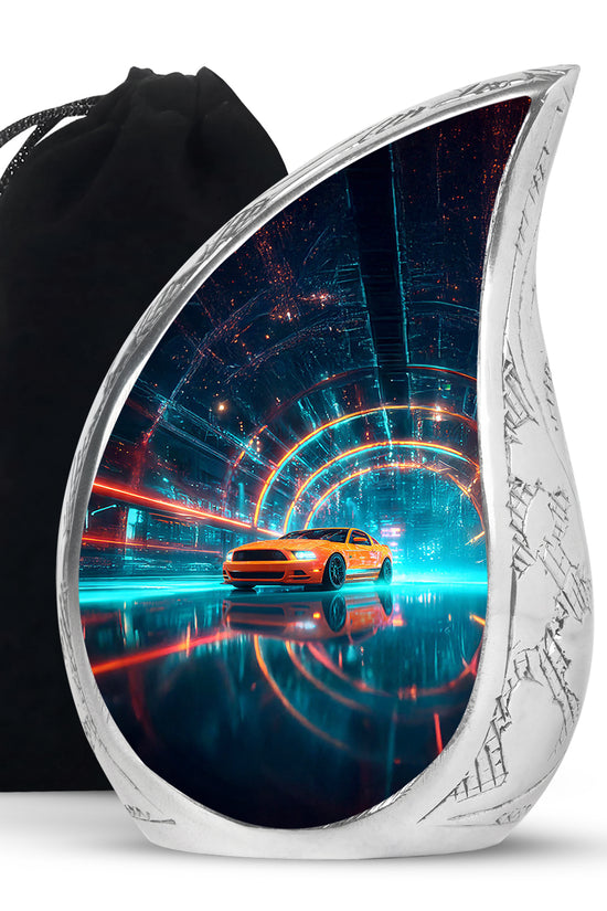 Sky Blue Car Cremation Urn front view showing detailed design - rounded teardrop car design with delicate detail - full-size 10 inch 200 cubic inch adult cremation urn