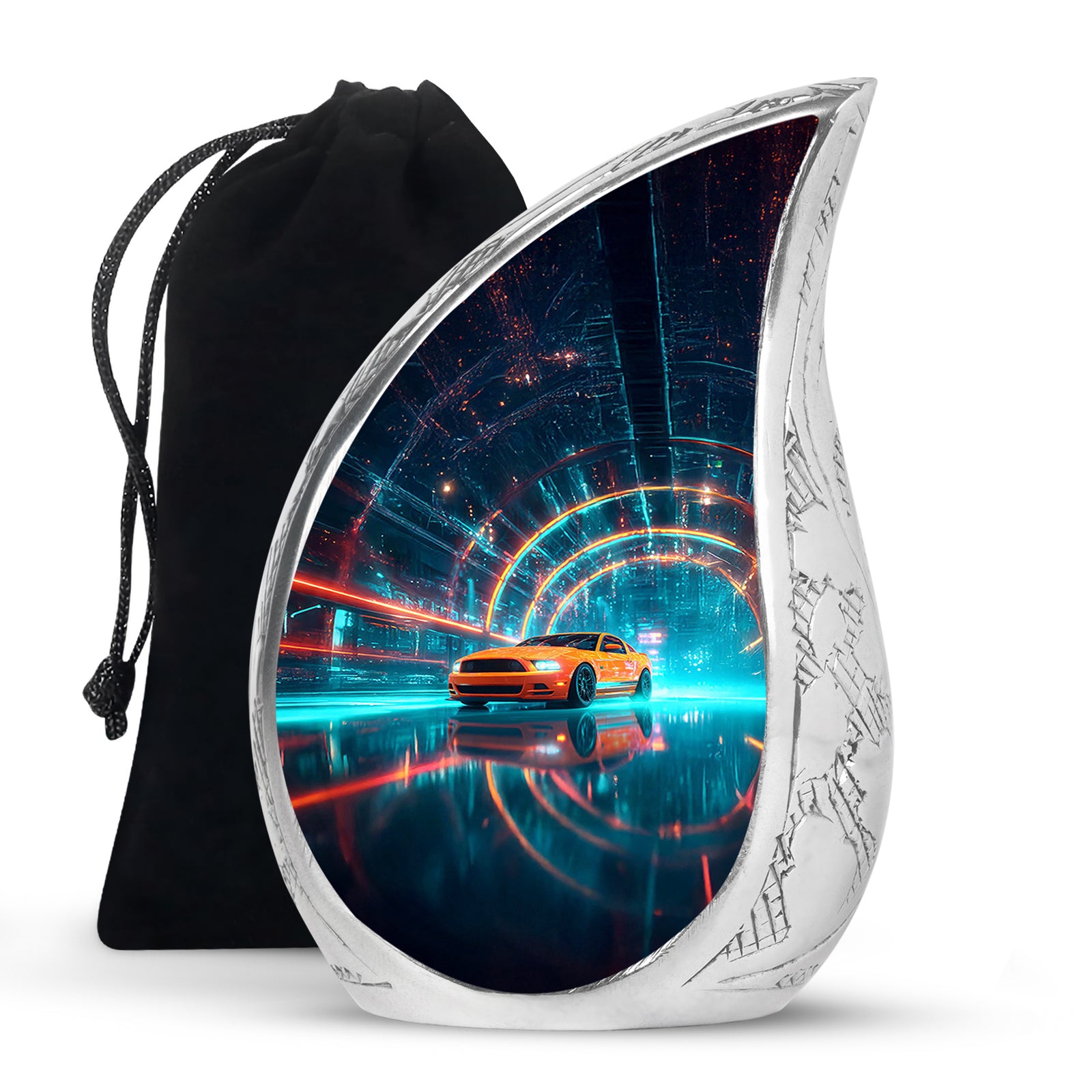 Sky Blue Car Cremation Urn front view showing detailed design - rounded teardrop car design with delicate detail - full-size 10 inch 200 cubic inch adult cremation urn