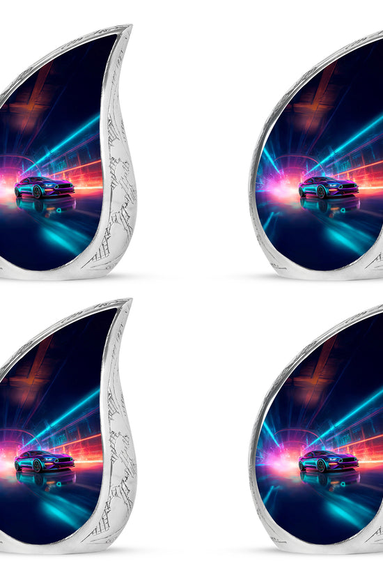 Royal Blue Car Cremation Urn close-up of engraving and surface detail - smooth teardrop contour featuring car art - 10 inch aluminum urn for cremated remains
