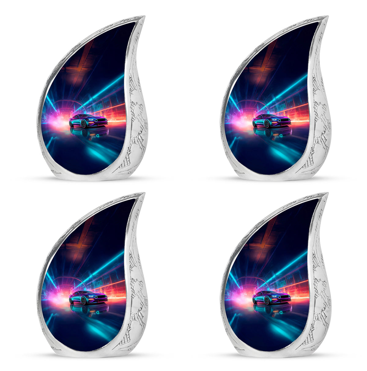 Royal Blue Car Cremation Urn close-up of engraving and surface detail - smooth teardrop contour featuring car art - 10 inch aluminum urn for cremated remains