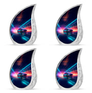 Royal Blue Car Cremation Urn close-up of engraving and surface detail - smooth teardrop contour featuring car art - 10 inch aluminum urn for cremated remains