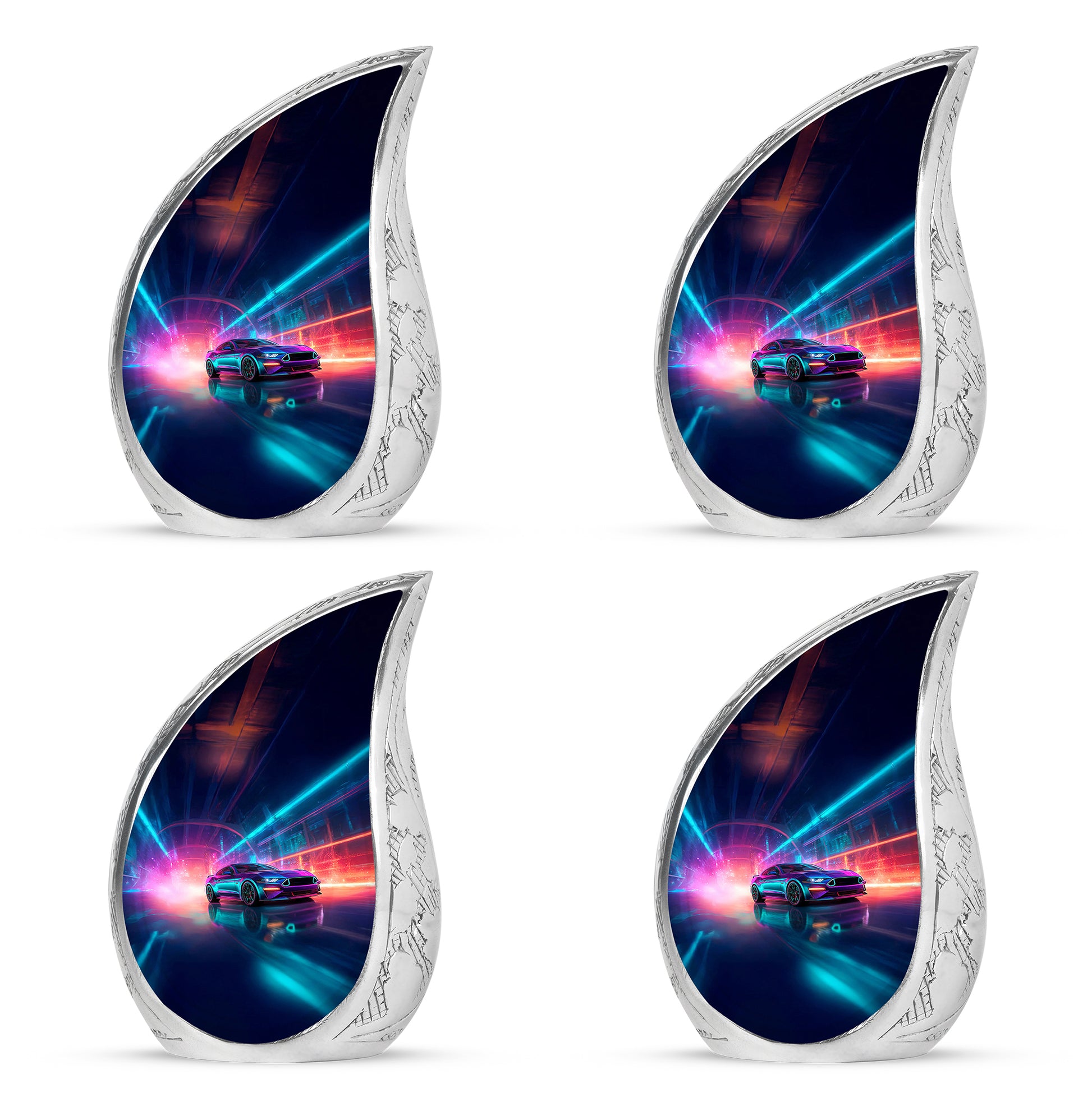 Royal Blue Car Cremation Urn close-up of engraving and surface detail - smooth teardrop contour featuring car art - 10 inch aluminum urn for cremated remains