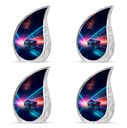 Royal Blue Car Cremation Urn close-up of engraving and surface detail - smooth teardrop contour featuring car art - 10 inch aluminum urn for cremated remains