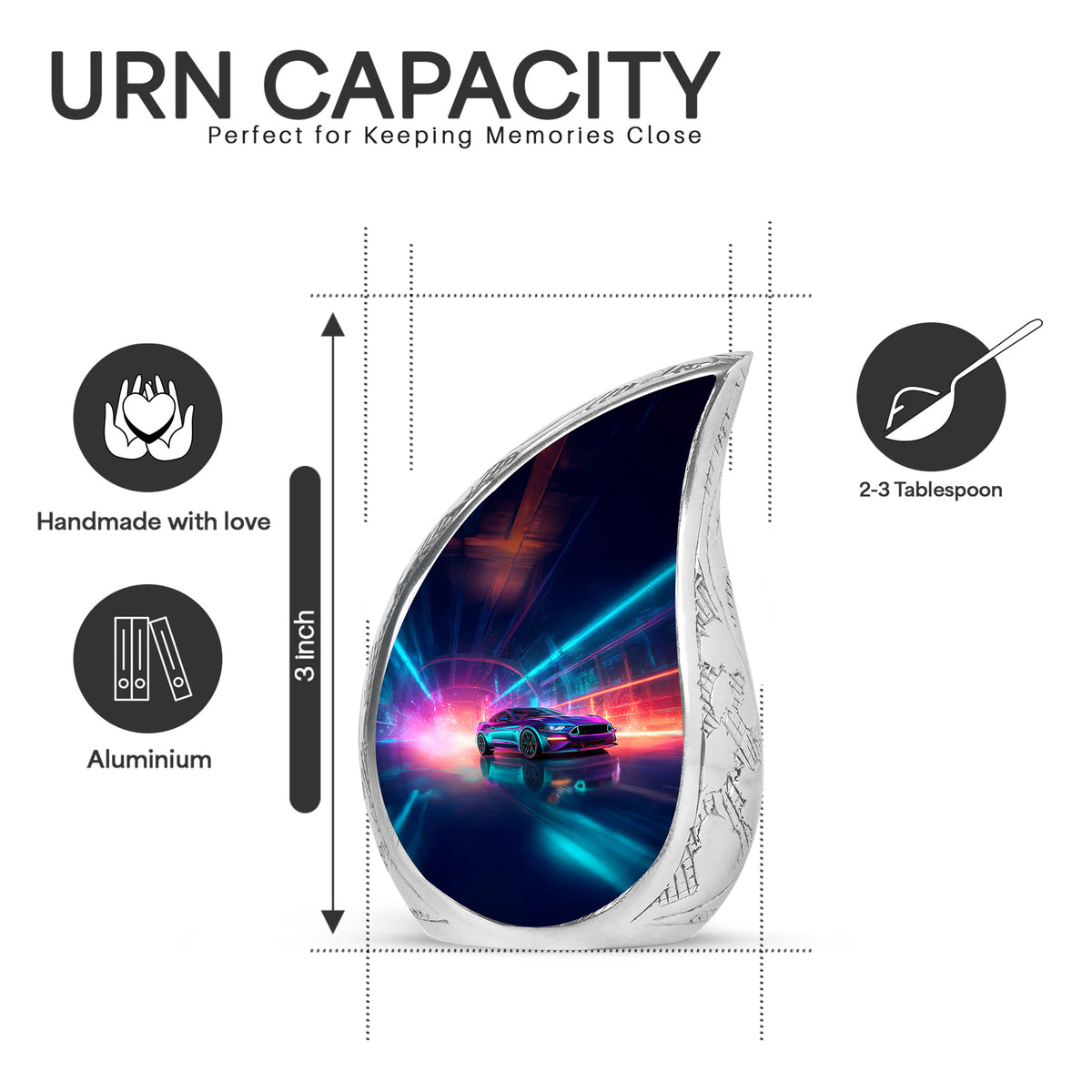 Sapphire Blue Car Cremation Urn angled view of lid and engraved motif - smooth teardrop contour featuring car art - mini keepsake memorial for portion of cremation ashes