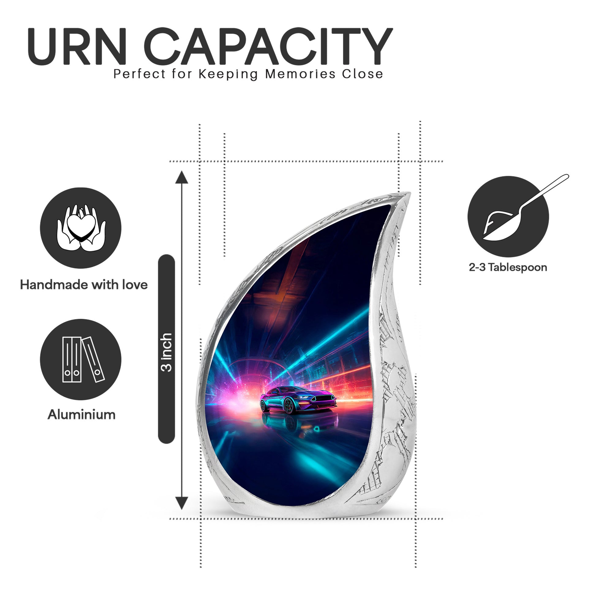 Sapphire Blue Car Cremation Urn angled view of lid and engraved motif - smooth teardrop contour featuring car art - mini keepsake memorial for portion of cremation ashes