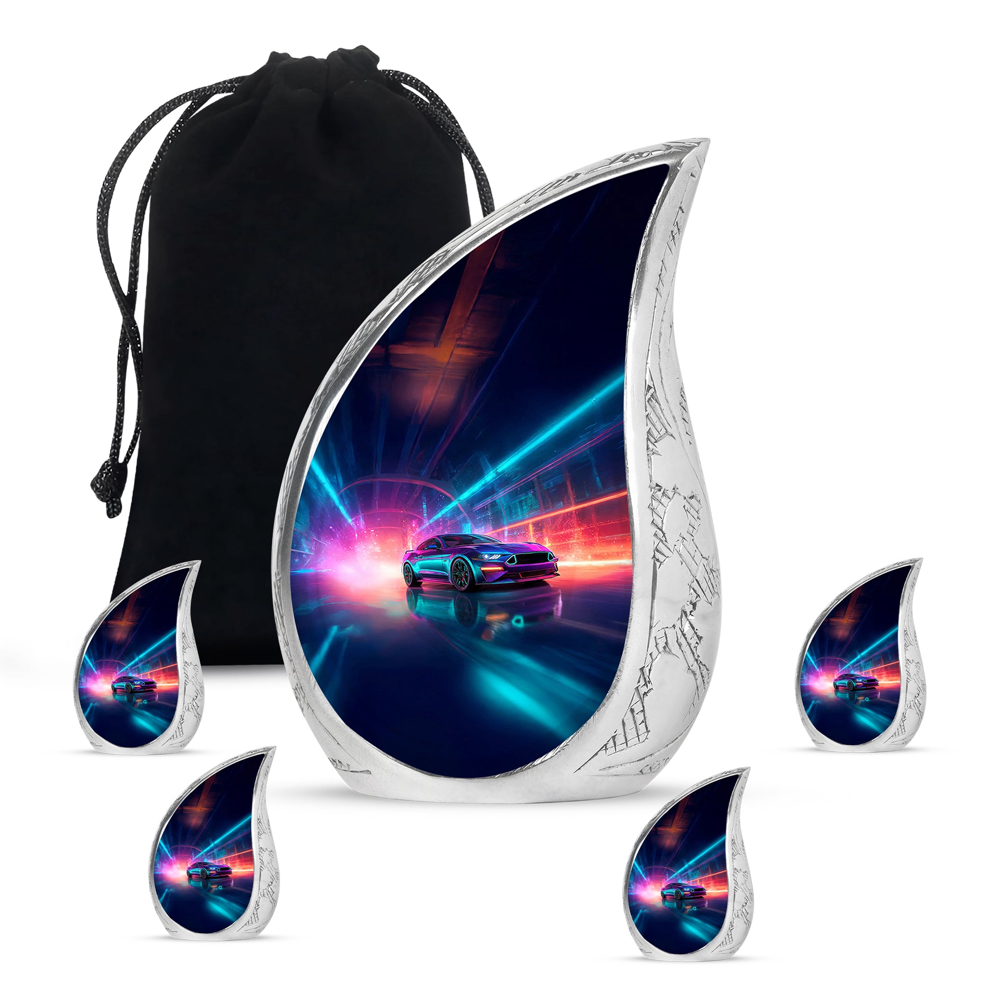 Sky Blue Car Cremation Urn side profile showing urn shape - flowing teardrop car silhouette on curved aluminum - memorial set with one large and four small urns