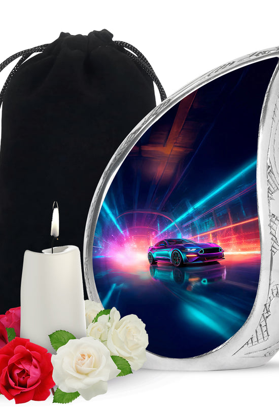 Soft Blue Car Cremation Urn front view showing detailed design - smooth teardrop contour featuring car art - full-size 10 inch 200 cubic inch adult cremation urn