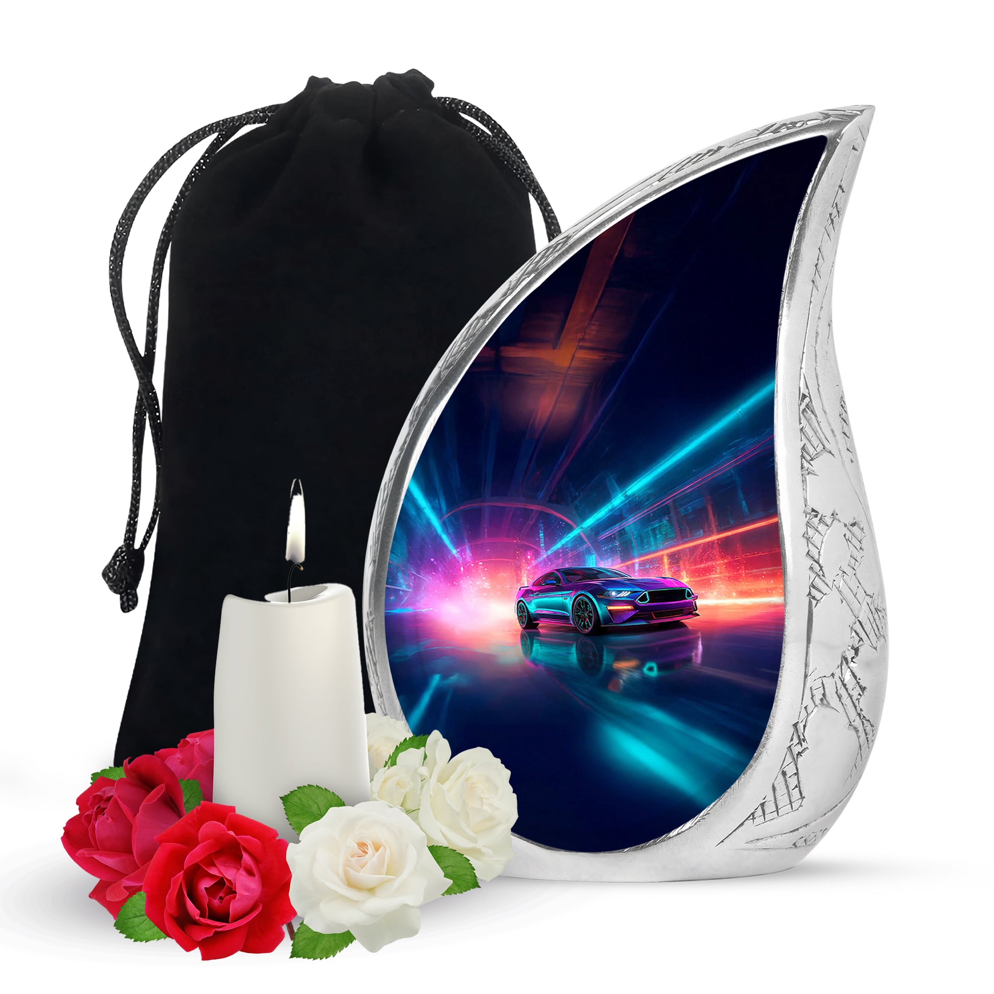 Soft Blue Car Cremation Urn front view showing detailed design - smooth teardrop contour featuring car art - full-size 10 inch 200 cubic inch adult cremation urn