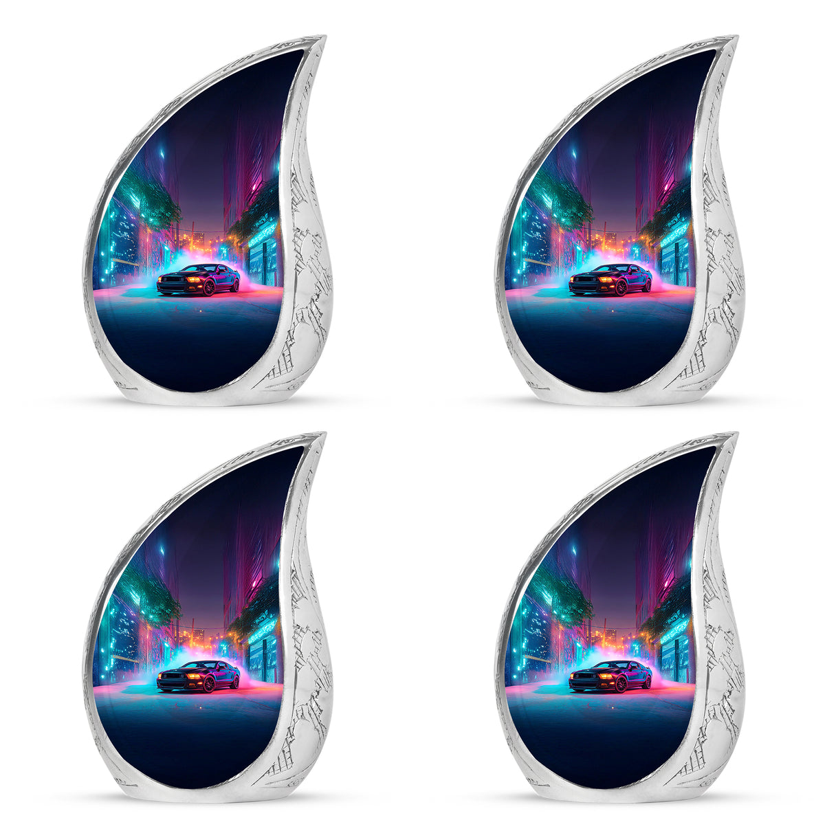 Vivid Blue Car Cremation Urn close-up of engraving and surface detail - graceful tear-shaped urn with car motif - 10 inch aluminum urn for cremated remains