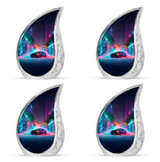 Vivid Blue Car Cremation Urn close-up of engraving and surface detail - graceful tear-shaped urn with car motif - 10 inch aluminum urn for cremated remains