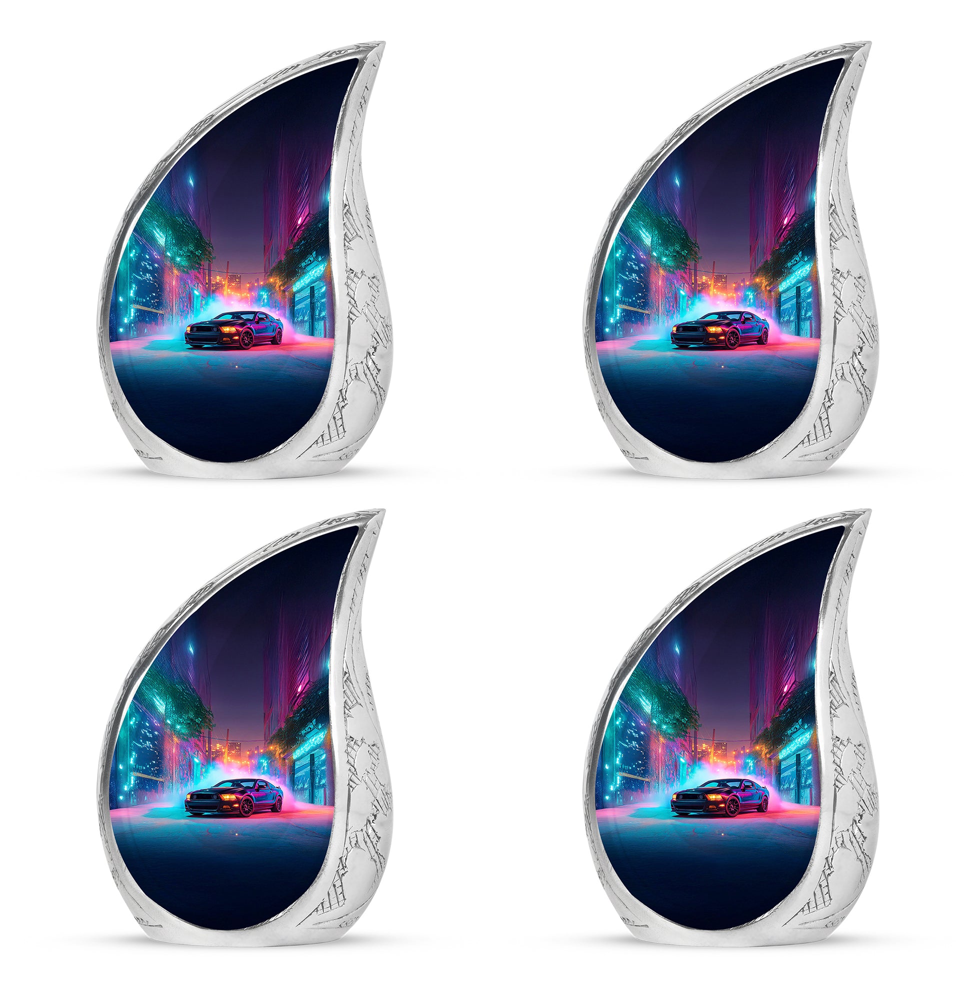 Vivid Blue Car Cremation Urn close-up of engraving and surface detail - graceful tear-shaped urn with car motif - 10 inch aluminum urn for cremated remains