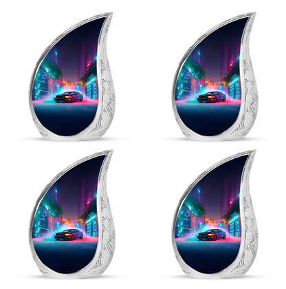Vivid Blue Car Cremation Urn close-up of engraving and surface detail - graceful tear-shaped urn with car motif - 10 inch aluminum urn for cremated remains