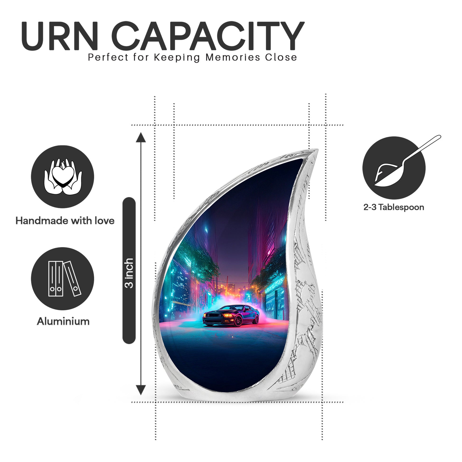 Sky Blue Car Cremation Urn angled view of lid and engraved motif - flowing teardrop car silhouette on curved aluminum - mini keepsake memorial for portion of cremation ashes