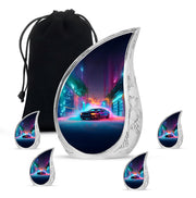 Bright Blue Car Cremation Urn side profile showing urn shape - graceful tear-shaped urn with car motif - memorial set with one large and four small urns