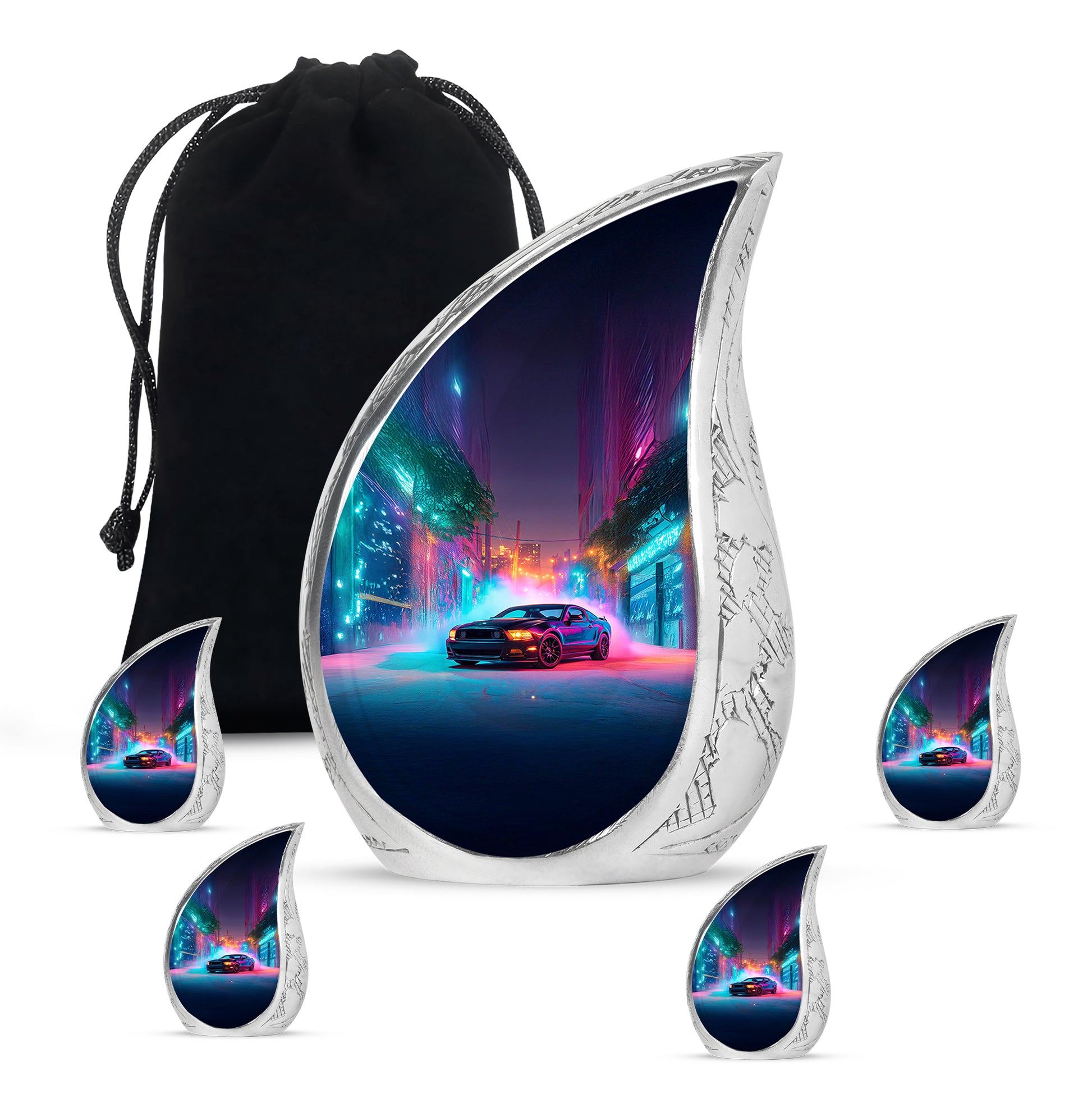 Bright Blue Car Cremation Urn side profile showing urn shape - graceful tear-shaped urn with car motif - memorial set with one large and four small urns