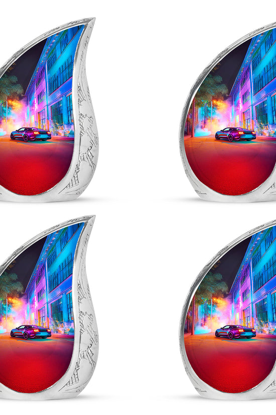 Amethyst Purple Car Cremation Urn close-up of engraving and surface detail - rounded teardrop car design with delicate detail - 10 inch aluminum urn for cremated remains