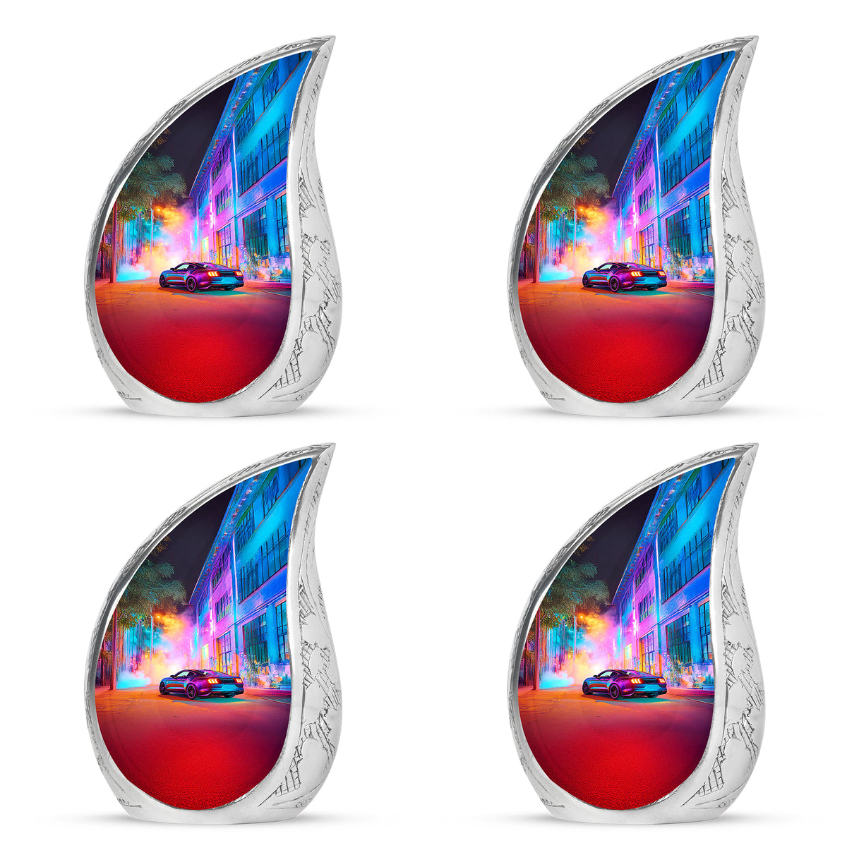 Amethyst Purple Car Cremation Urn close-up of engraving and surface detail - rounded teardrop car design with delicate detail - 10 inch aluminum urn for cremated remains