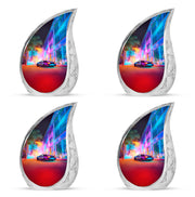 Amethyst Purple Car Cremation Urn close-up of engraving and surface detail - rounded teardrop car design with delicate detail - 10 inch aluminum urn for cremated remains