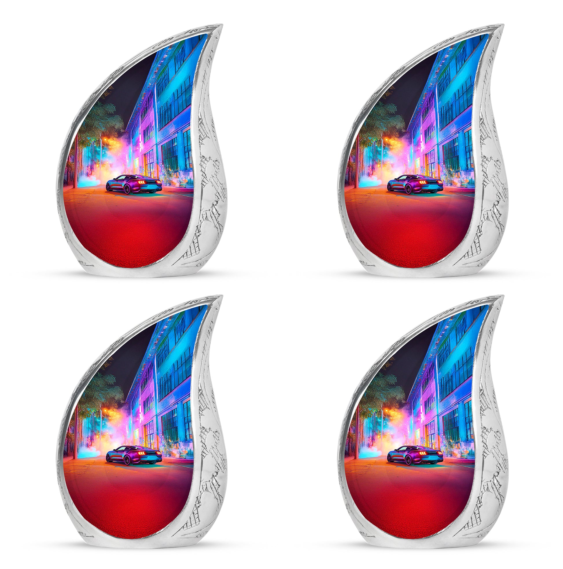 Amethyst Purple Car Cremation Urn close-up of engraving and surface detail - rounded teardrop car design with delicate detail - 10 inch aluminum urn for cremated remains