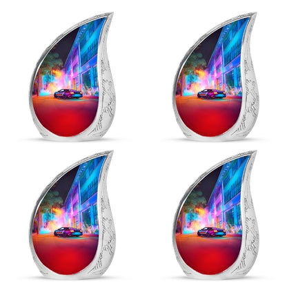 Amethyst Purple Car Cremation Urn close-up of engraving and surface detail - rounded teardrop car design with delicate detail - 10 inch aluminum urn for cremated remains