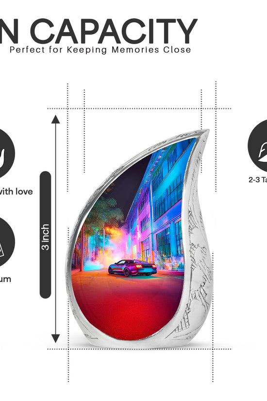 Majestic Purple Car Cremation Urn angled view of lid and engraved motif - rounded teardrop car design with delicate detail - mini keepsake memorial for portion of cremation ashes