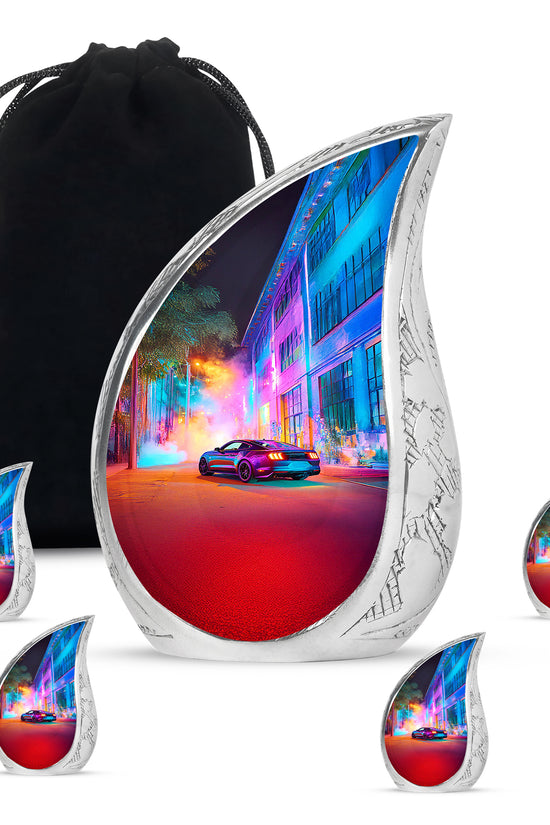 Royal Purple Car Cremation Urn side profile showing urn shape - graceful tear-shaped urn with car motif - memorial set with one large and four small urns