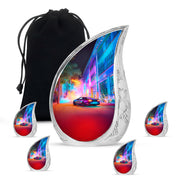 Royal Purple Car Cremation Urn side profile showing urn shape - graceful tear-shaped urn with car motif - memorial set with one large and four small urns