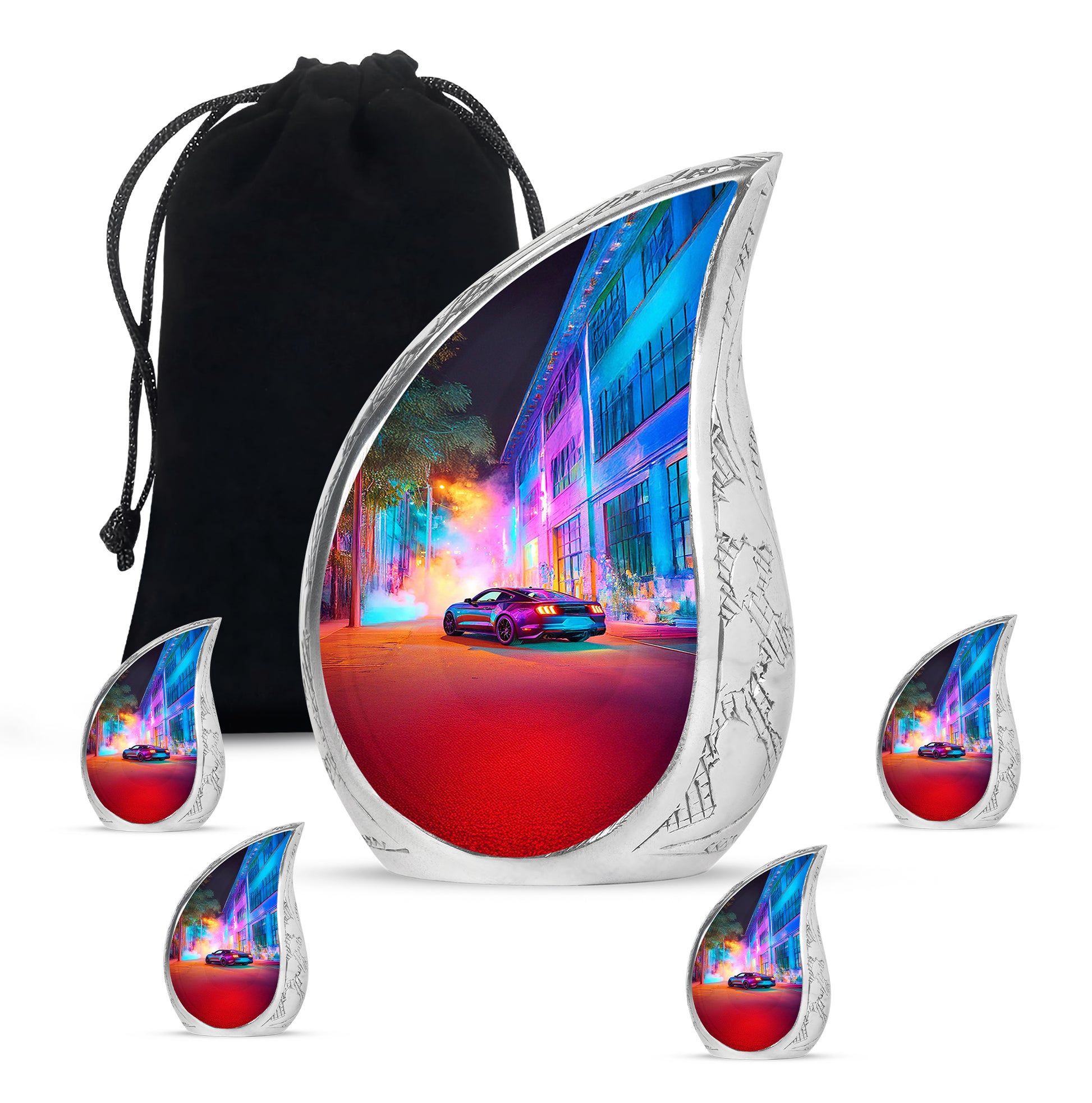 Royal Purple Car Cremation Urn side profile showing urn shape - graceful tear-shaped urn with car motif - memorial set with one large and four small urns