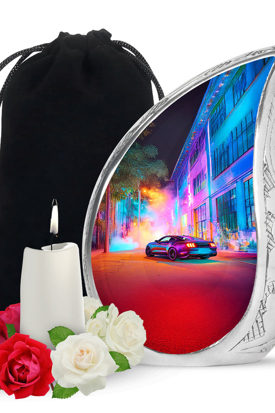Amethyst Purple Car Cremation Urn front view showing detailed design - rounded teardrop car design with delicate detail - full-size 10 inch 200 cubic inch adult cremation urn