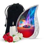 Amethyst Purple Car Cremation Urn front view showing detailed design - rounded teardrop car design with delicate detail - full-size 10 inch 200 cubic inch adult cremation urn